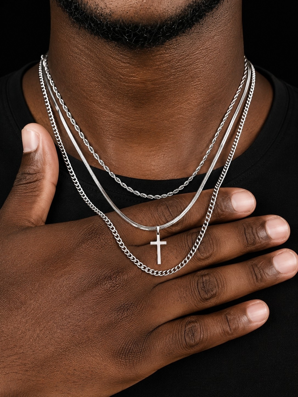 Men's Silver Cross Pendant Layered Necklaces